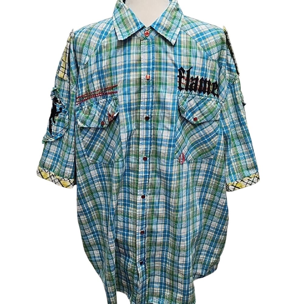 Tool Jeans Phoenix Rises Flames Men's Blue and Green Plaid Snap Down Shirt Sz 3X